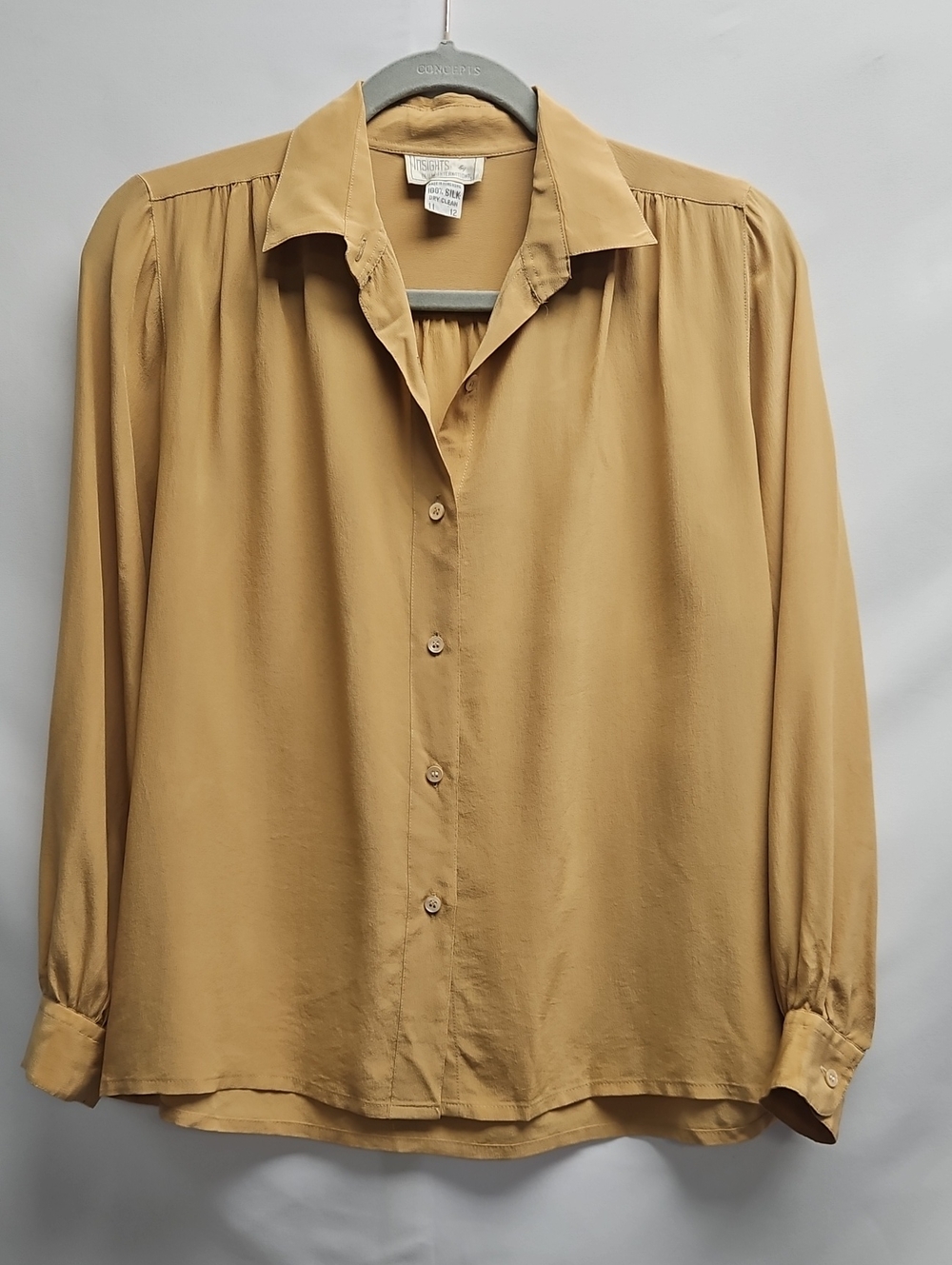 Vintage Insights 100% Silk Blouse Camel Gold Long Sleeve Button Front Size 12